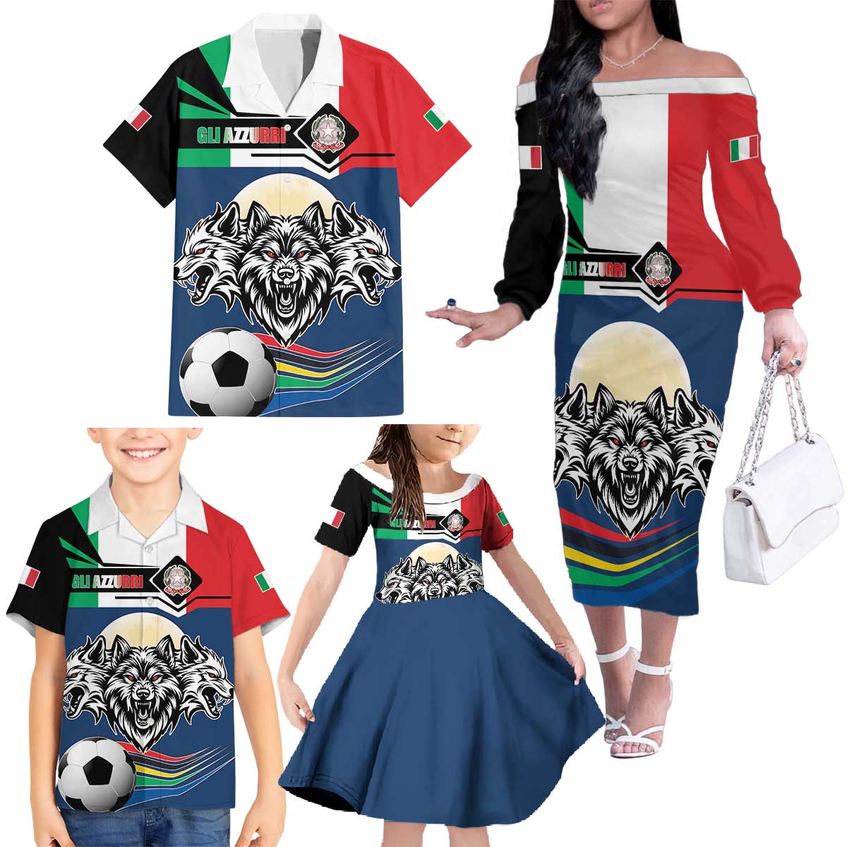 Italian Republic Football Family Matching Off The Shoulder Long Sleeve Dress and Hawaiian Shirt Gli Azzurri History Champion