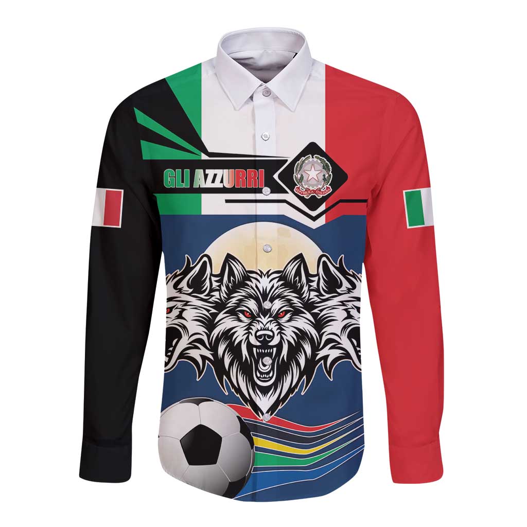 Long sleeve button football shirt with wolf graphic, soccer ball, and blue/red/black panels