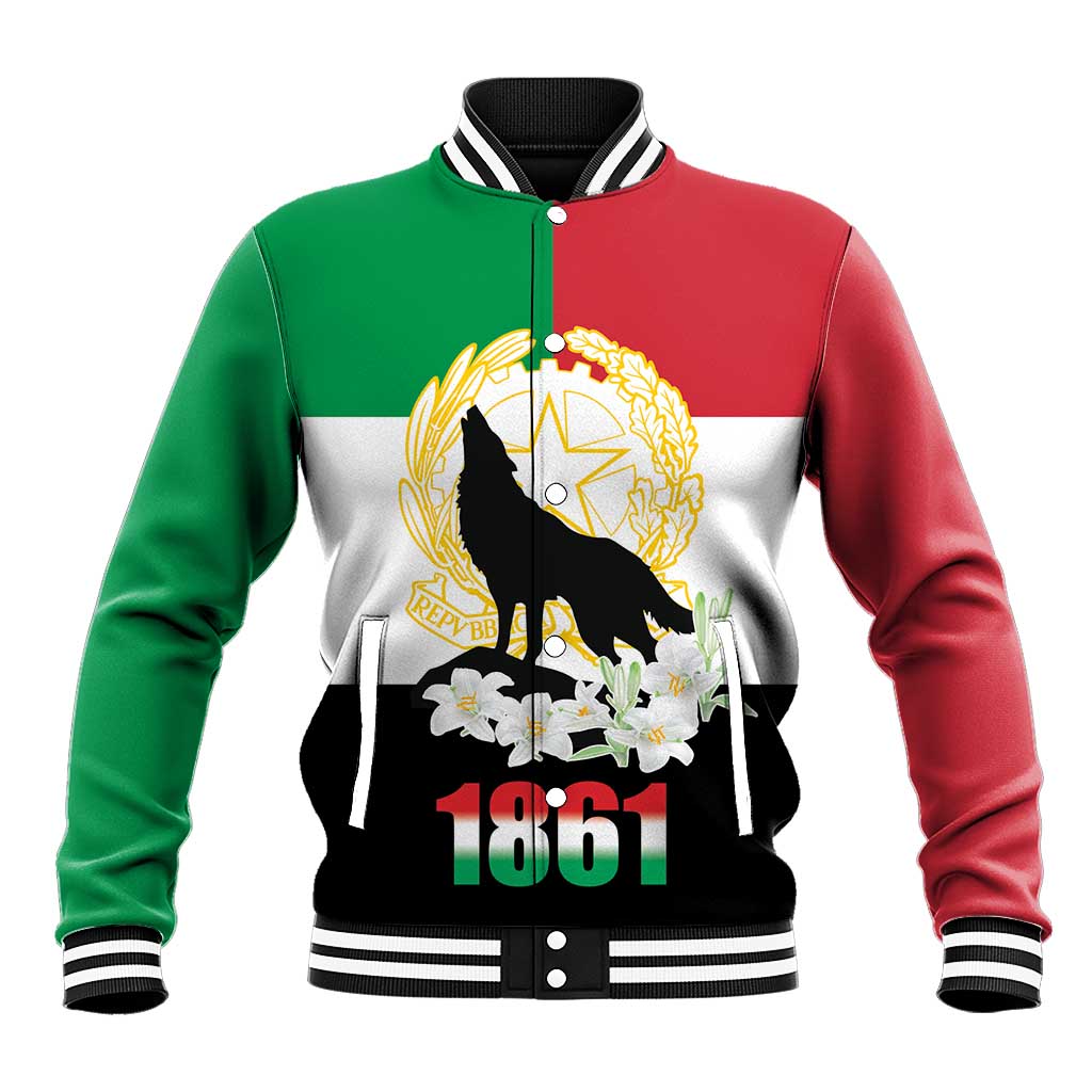 Color-block red/green/white baseball jacket with black ribbed collar, snap front, and 1861 eagle graphic