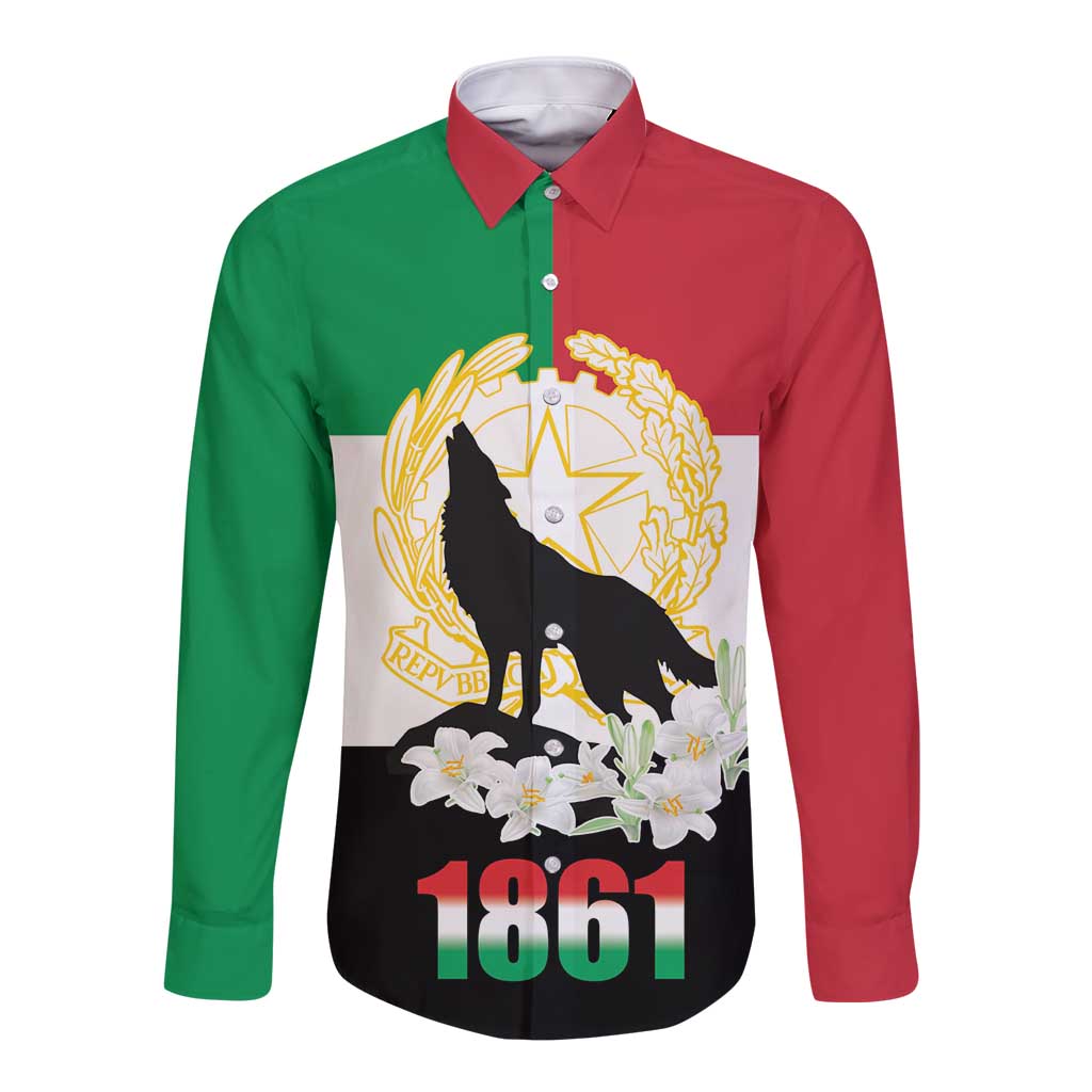 Two-tone long sleeve button shirt in red and green with front 1861 graphic