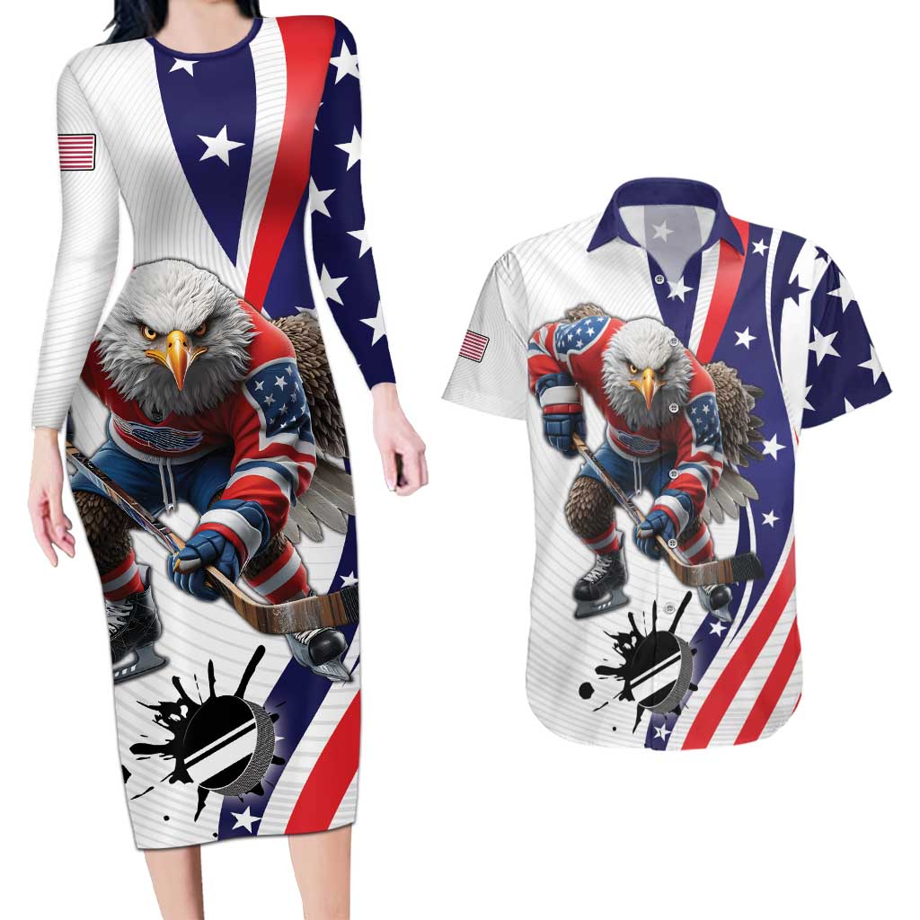 Custom United States Ice Hockey Go Champions Couples Matching Long Sleeve Bodycon Dress and Hawaiian Shirt Team USA Eagle Mascot Style