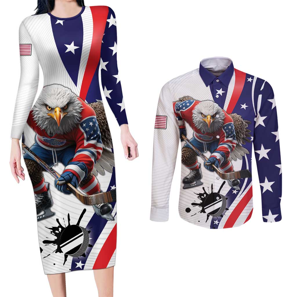 Custom United States Ice Hockey Go Champions Couples Matching Long Sleeve Bodycon Dress and Long Sleeve Button Shirt Team USA Eagle Mascot Style