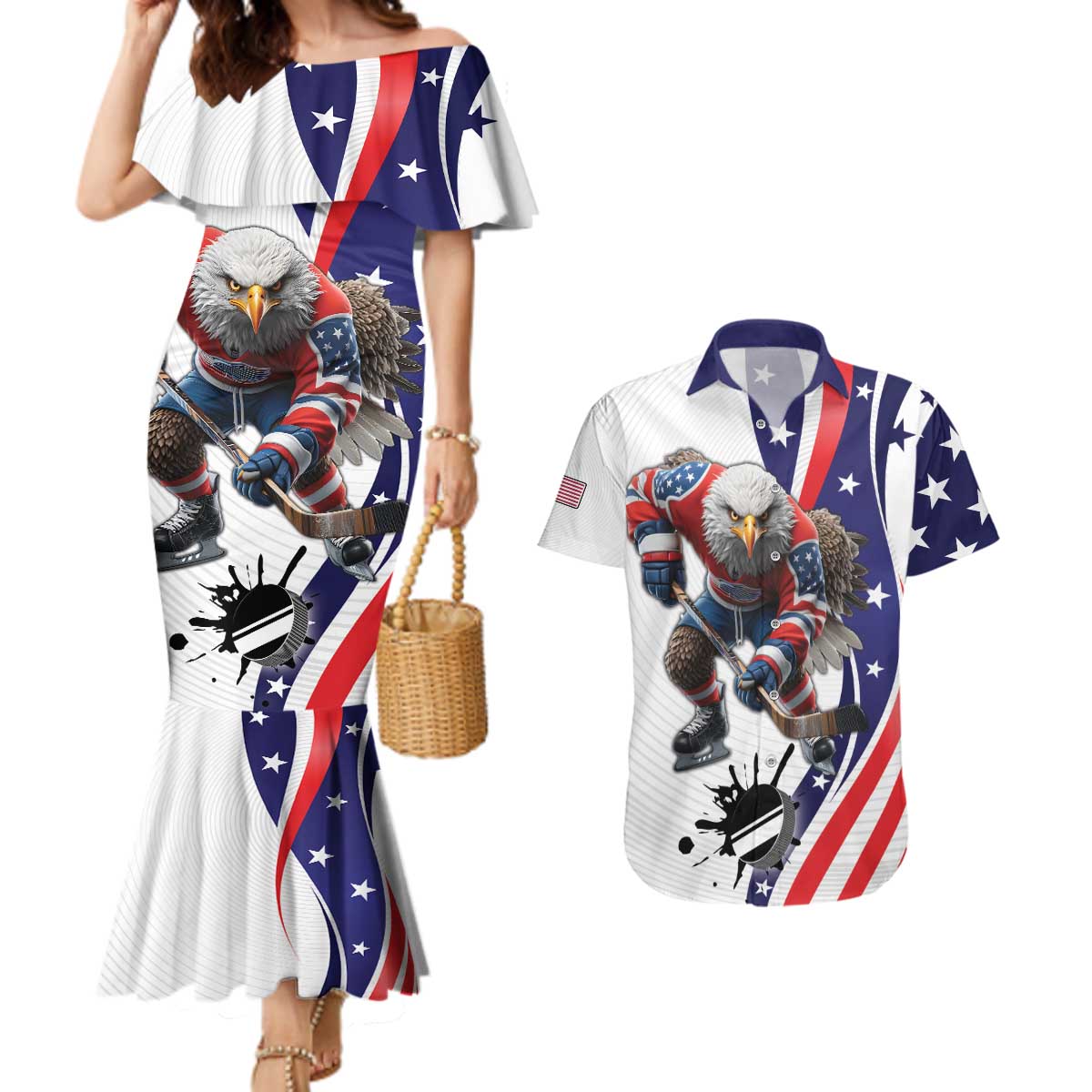 Custom United States Ice Hockey Go Champions Couples Matching Mermaid Dress and Hawaiian Shirt Team USA Eagle Mascot Style