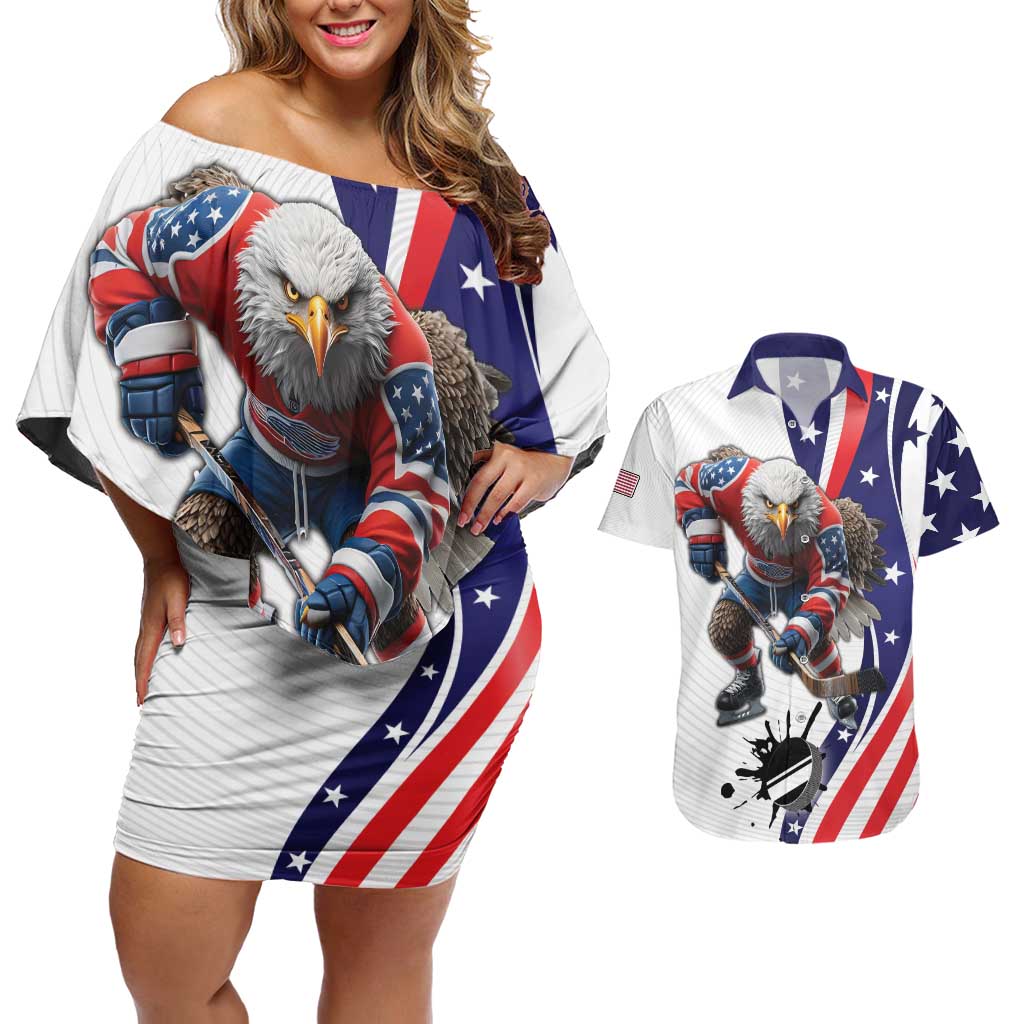 Custom United States Ice Hockey Go Champions Couples Matching Off Shoulder Short Dress and Hawaiian Shirt Team USA Eagle Mascot Style