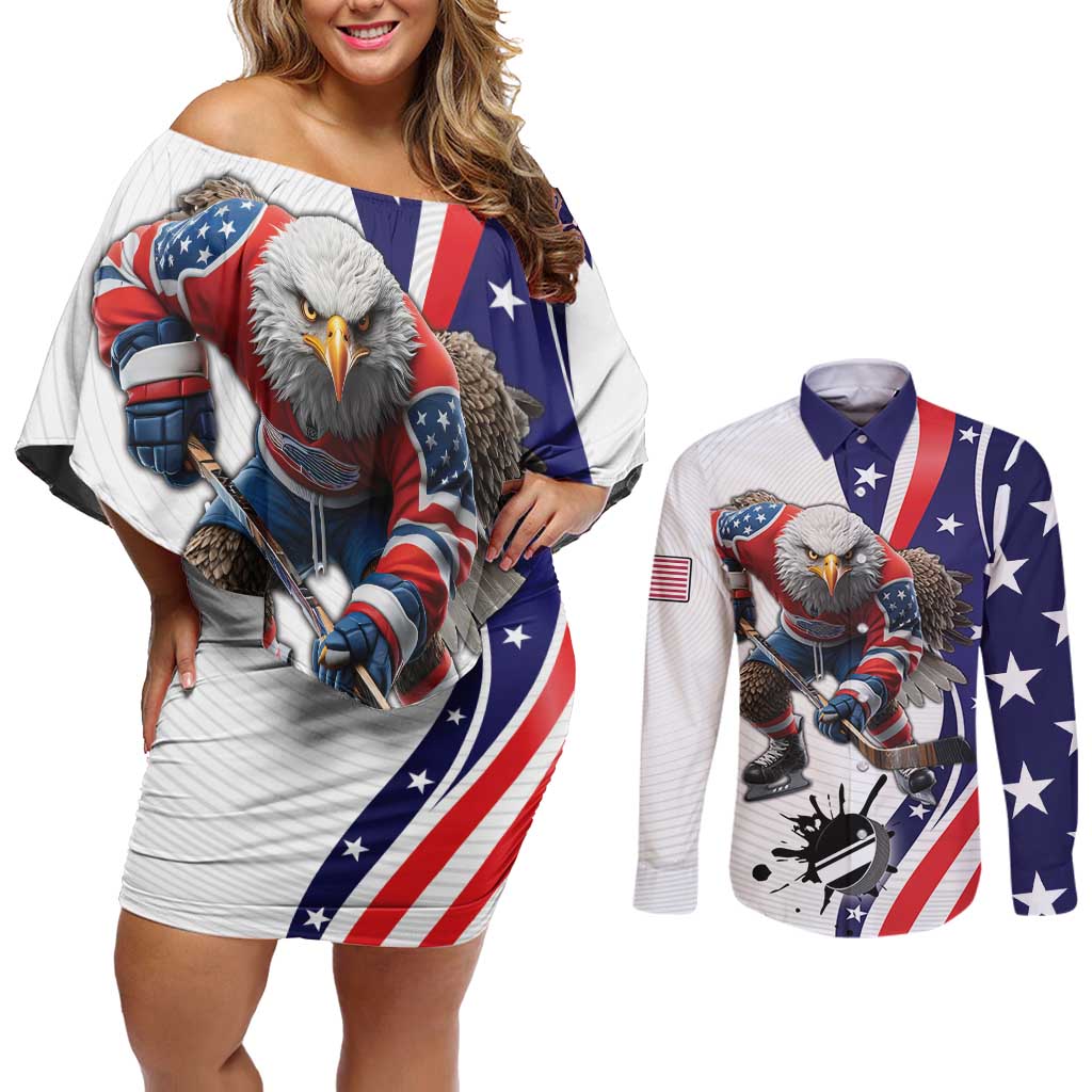 Custom United States Ice Hockey Go Champions Couples Matching Off Shoulder Short Dress and Long Sleeve Button Shirt Team USA Eagle Mascot Style