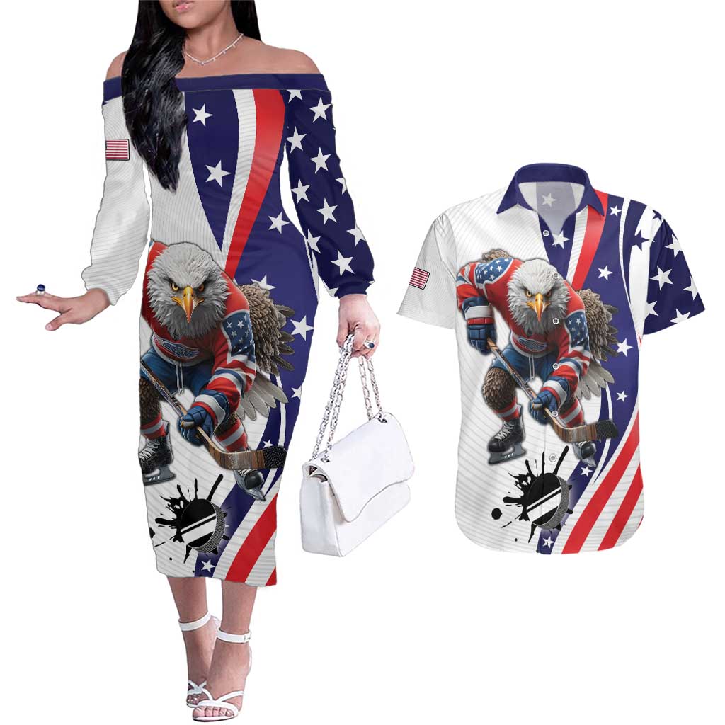 Custom United States Ice Hockey Go Champions Couples Matching Off The Shoulder Long Sleeve Dress and Hawaiian Shirt Team USA Eagle Mascot Style