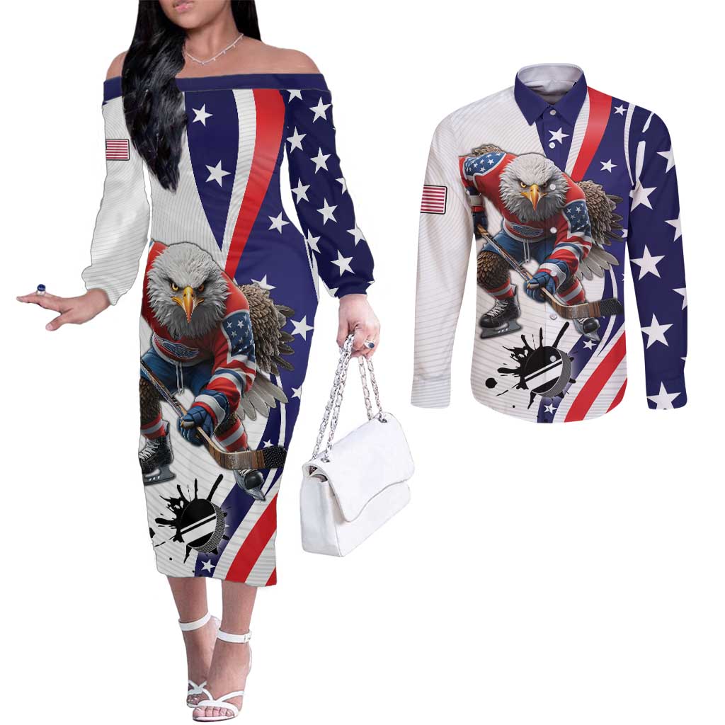 Custom United States Ice Hockey Go Champions Couples Matching Off The Shoulder Long Sleeve Dress and Long Sleeve Button Shirt Team USA Eagle Mascot Style