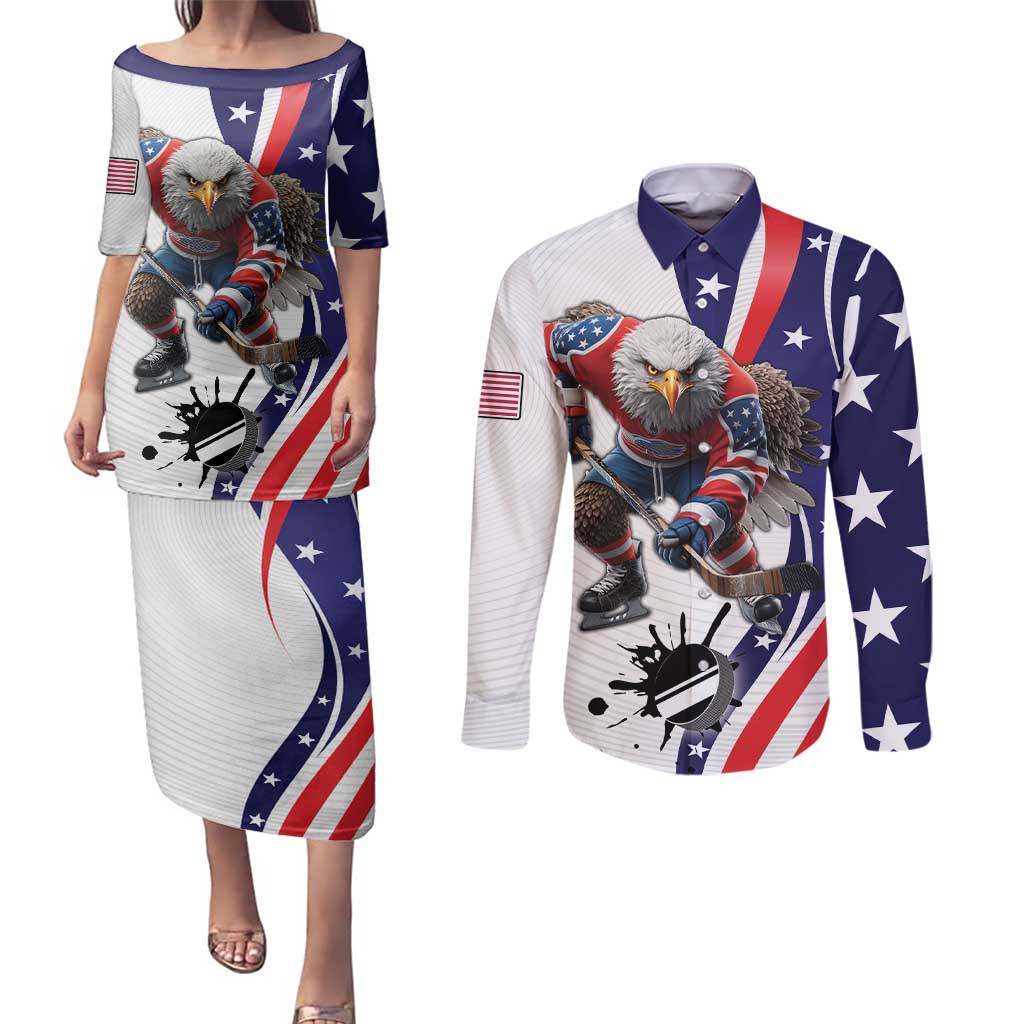 Custom United States Ice Hockey Go Champions Couples Matching Puletasi and Long Sleeve Button Shirt Team USA Eagle Mascot Style