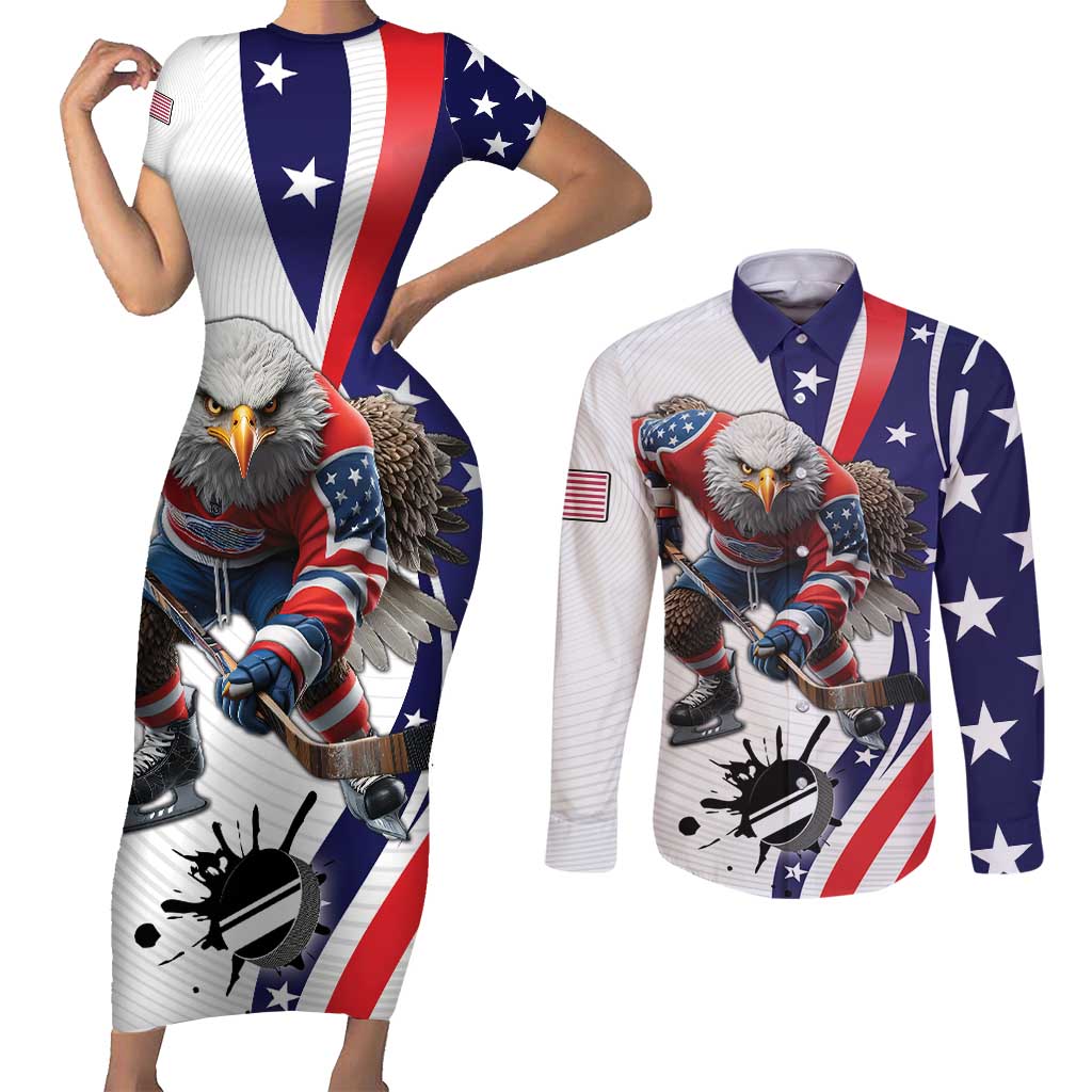 Custom United States Ice Hockey Go Champions Couples Matching Short Sleeve Bodycon Dress and Long Sleeve Button Shirt Team USA Eagle Mascot Style