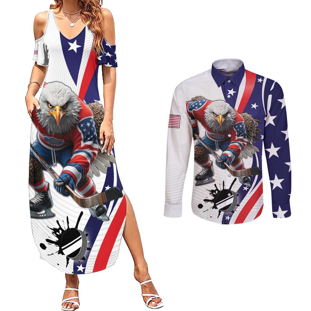 Custom United States Ice Hockey Go Champions Couples Matching Summer Maxi Dress and Long Sleeve Button Shirt Team USA Eagle Mascot Style