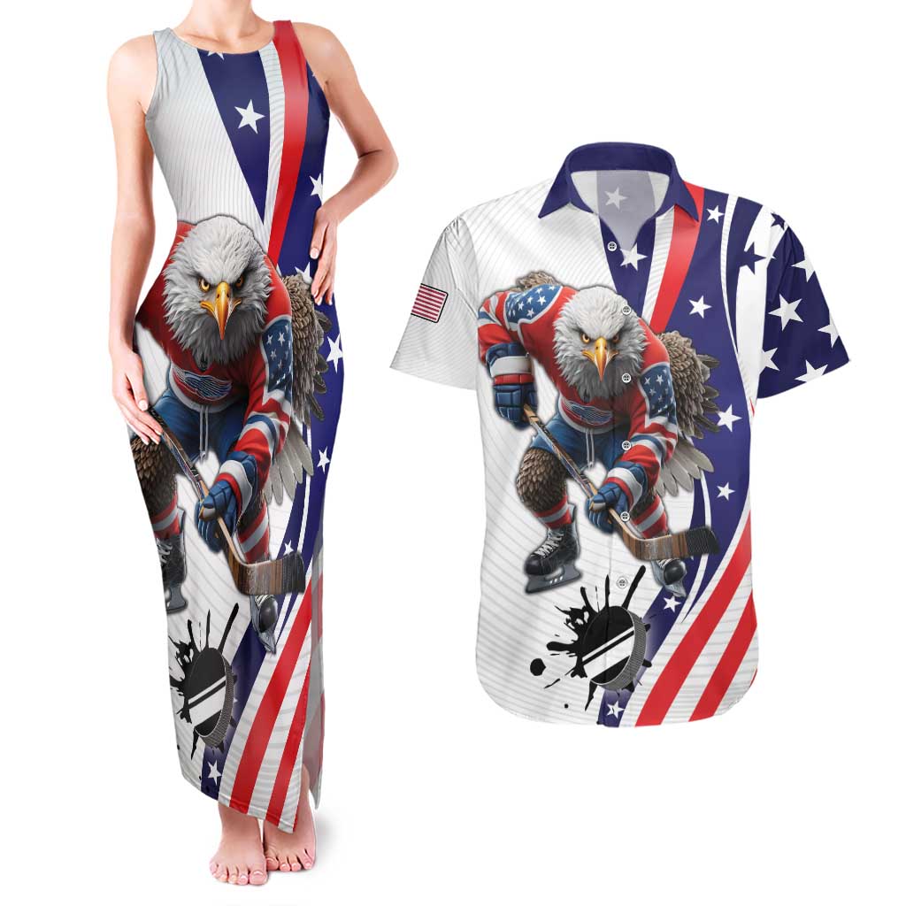 Custom United States Ice Hockey Go Champions Couples Matching Tank Maxi Dress and Hawaiian Shirt Team USA Eagle Mascot Style