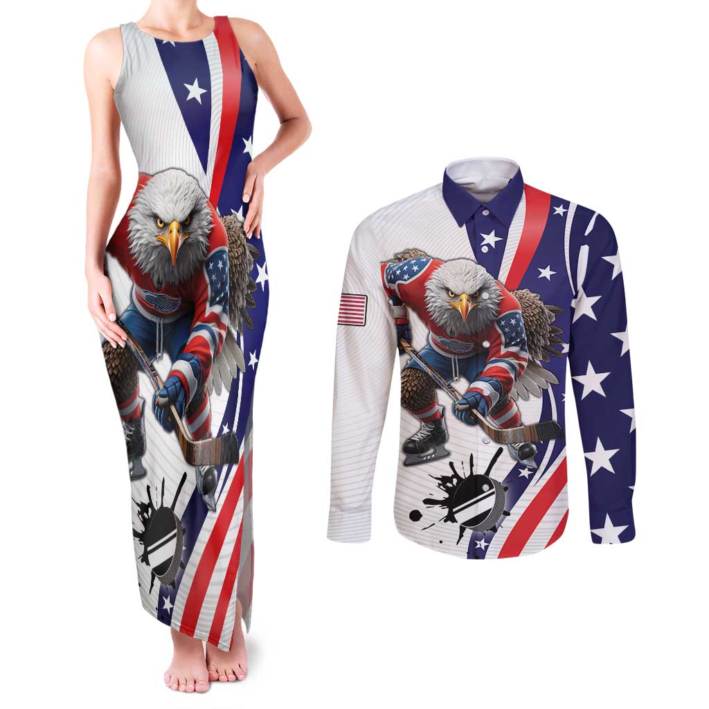 Custom United States Ice Hockey Go Champions Couples Matching Tank Maxi Dress and Long Sleeve Button Shirt Team USA Eagle Mascot Style