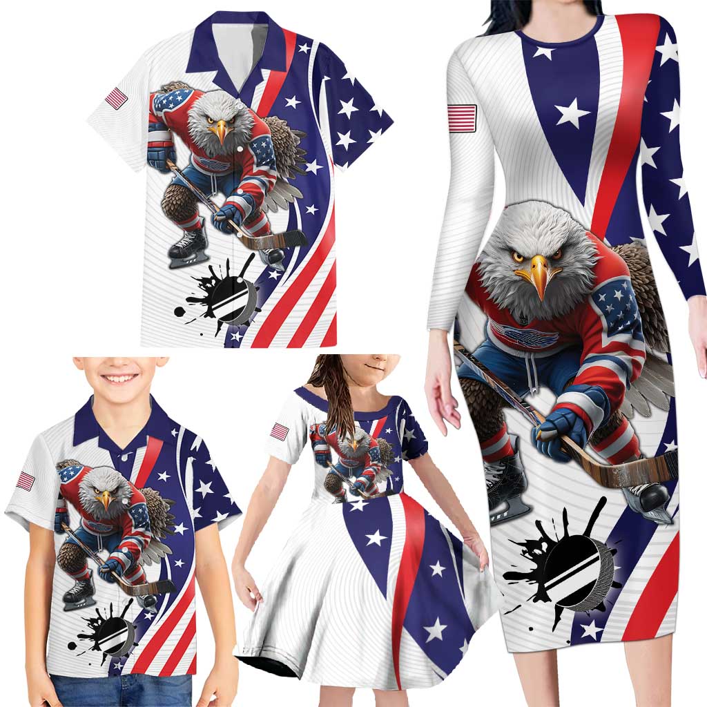 Custom United States Ice Hockey Go Champions Family Matching Long Sleeve Bodycon Dress and Hawaiian Shirt Team USA Eagle Mascot Style