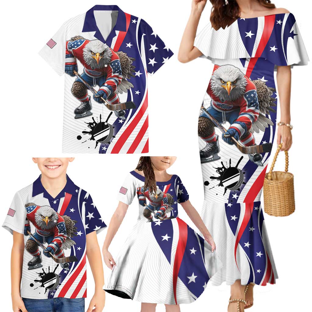 Custom United States Ice Hockey Go Champions Family Matching Mermaid Dress and Hawaiian Shirt Team USA Eagle Mascot Style