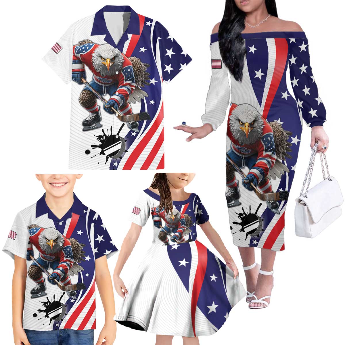 Custom United States Ice Hockey Go Champions Family Matching Off The Shoulder Long Sleeve Dress and Hawaiian Shirt Team USA Eagle Mascot Style