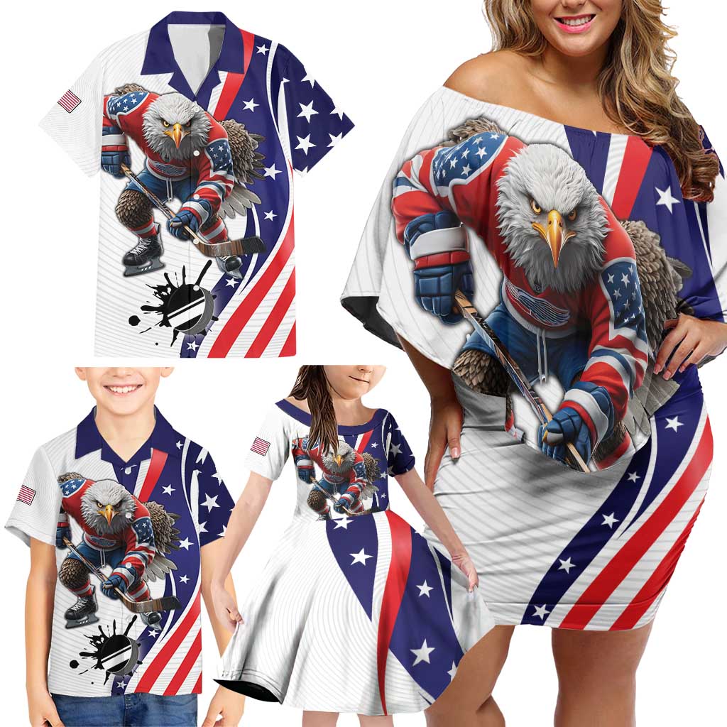 Custom United States Ice Hockey Go Champions Family Matching Off Shoulder Short Dress and Hawaiian Shirt Team USA Eagle Mascot Style