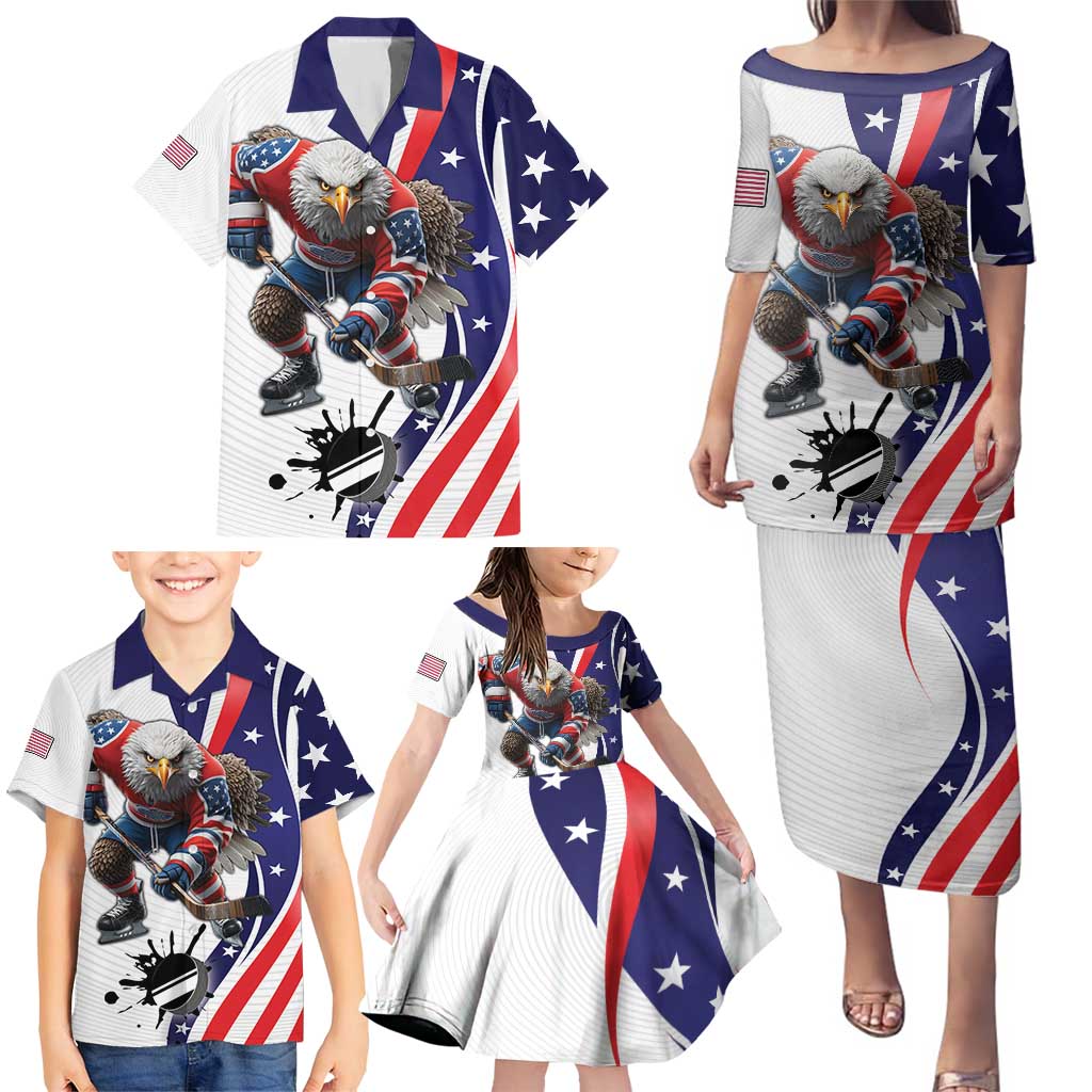 Custom United States Ice Hockey Go Champions Family Matching Puletasi and Hawaiian Shirt Team USA Eagle Mascot Style