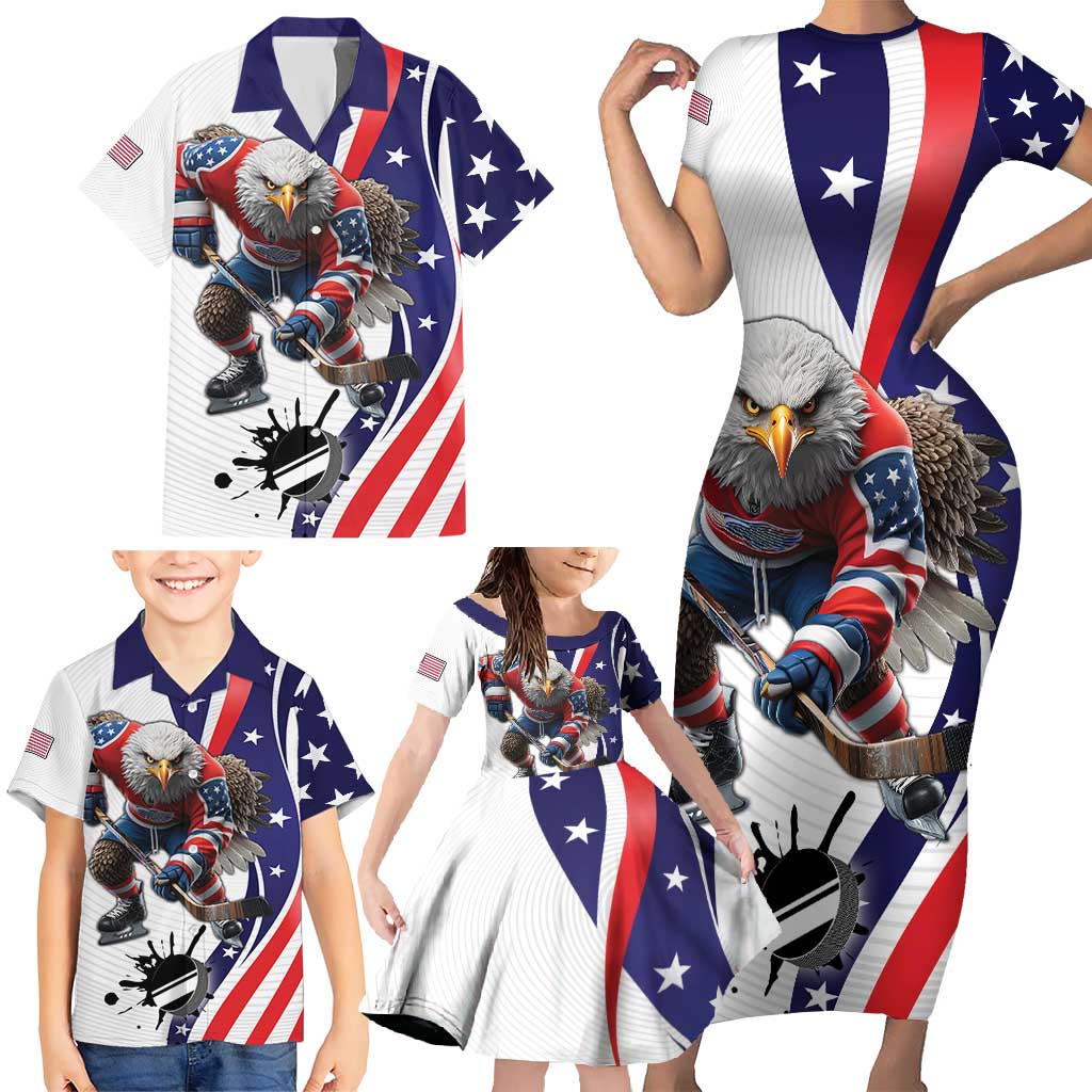 Custom United States Ice Hockey Go Champions Family Matching Short Sleeve Bodycon Dress and Hawaiian Shirt Team USA Eagle Mascot Style