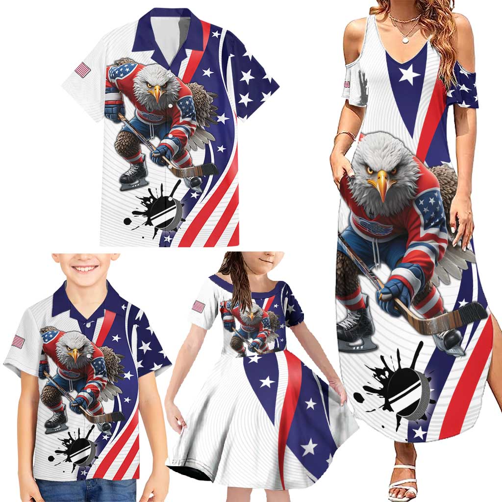 Custom United States Ice Hockey Go Champions Family Matching Summer Maxi Dress and Hawaiian Shirt Team USA Eagle Mascot Style