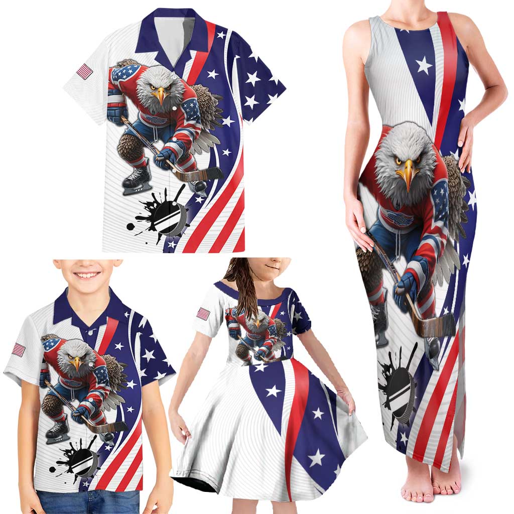 Custom United States Ice Hockey Go Champions Family Matching Tank Maxi Dress and Hawaiian Shirt Team USA Eagle Mascot Style