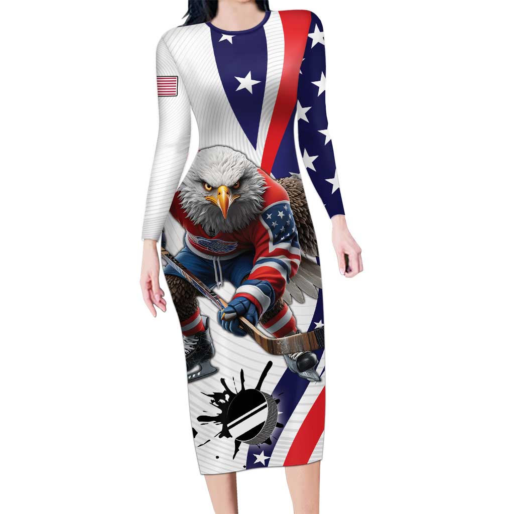 Custom United States Ice Hockey Go Champions Long Sleeve Bodycon Dress Team USA Eagle Mascot Style