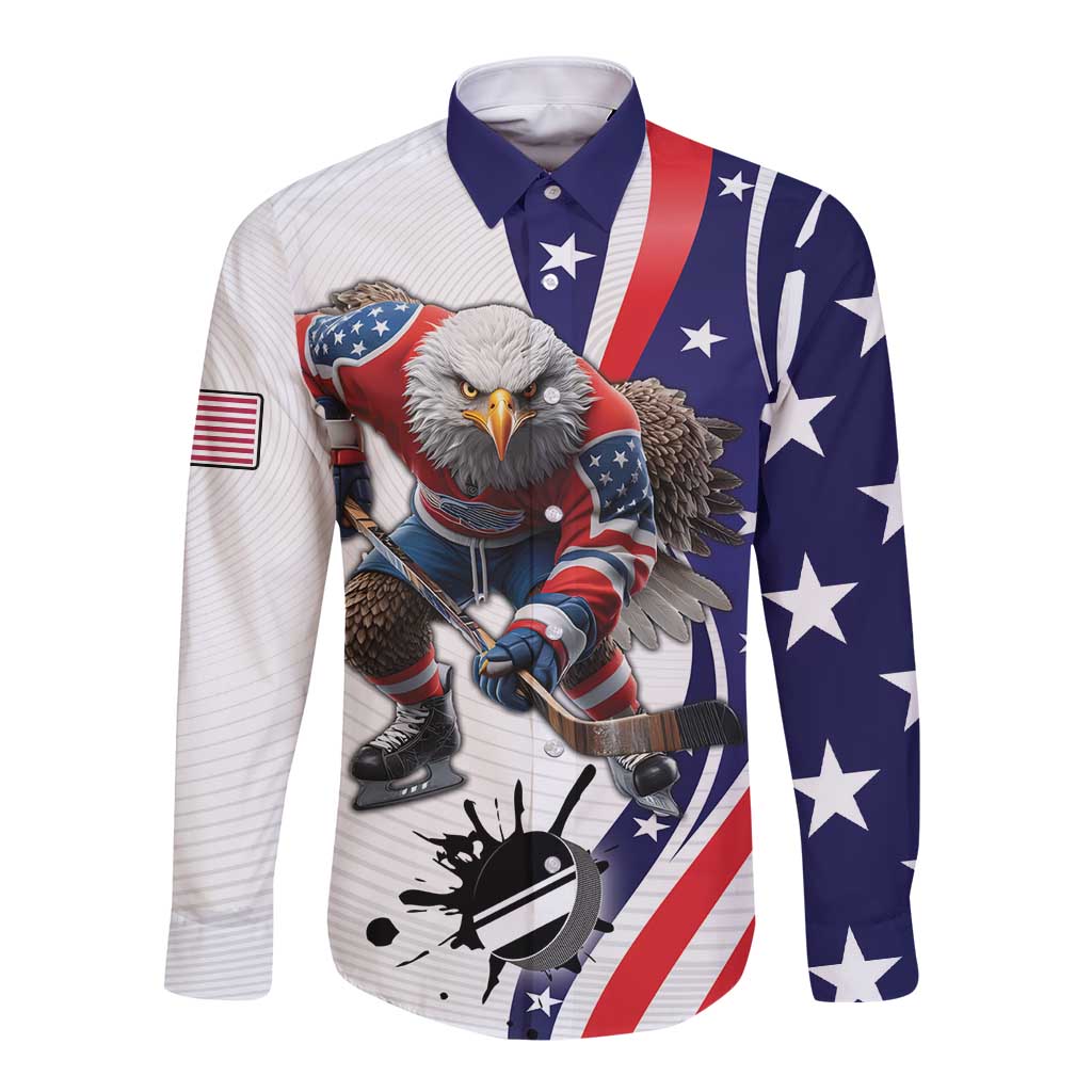 Custom United States Ice Hockey Go Champions Long Sleeve Button Shirt Team USA Eagle Mascot Style