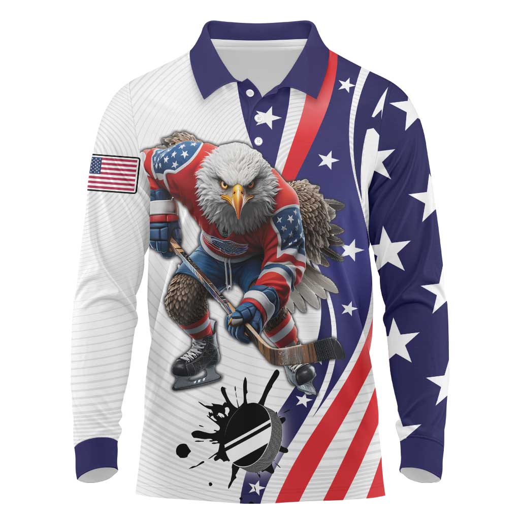 Custom United States Ice Hockey Go Champions Long Sleeve Polo Shirt Team USA Eagle Mascot Style