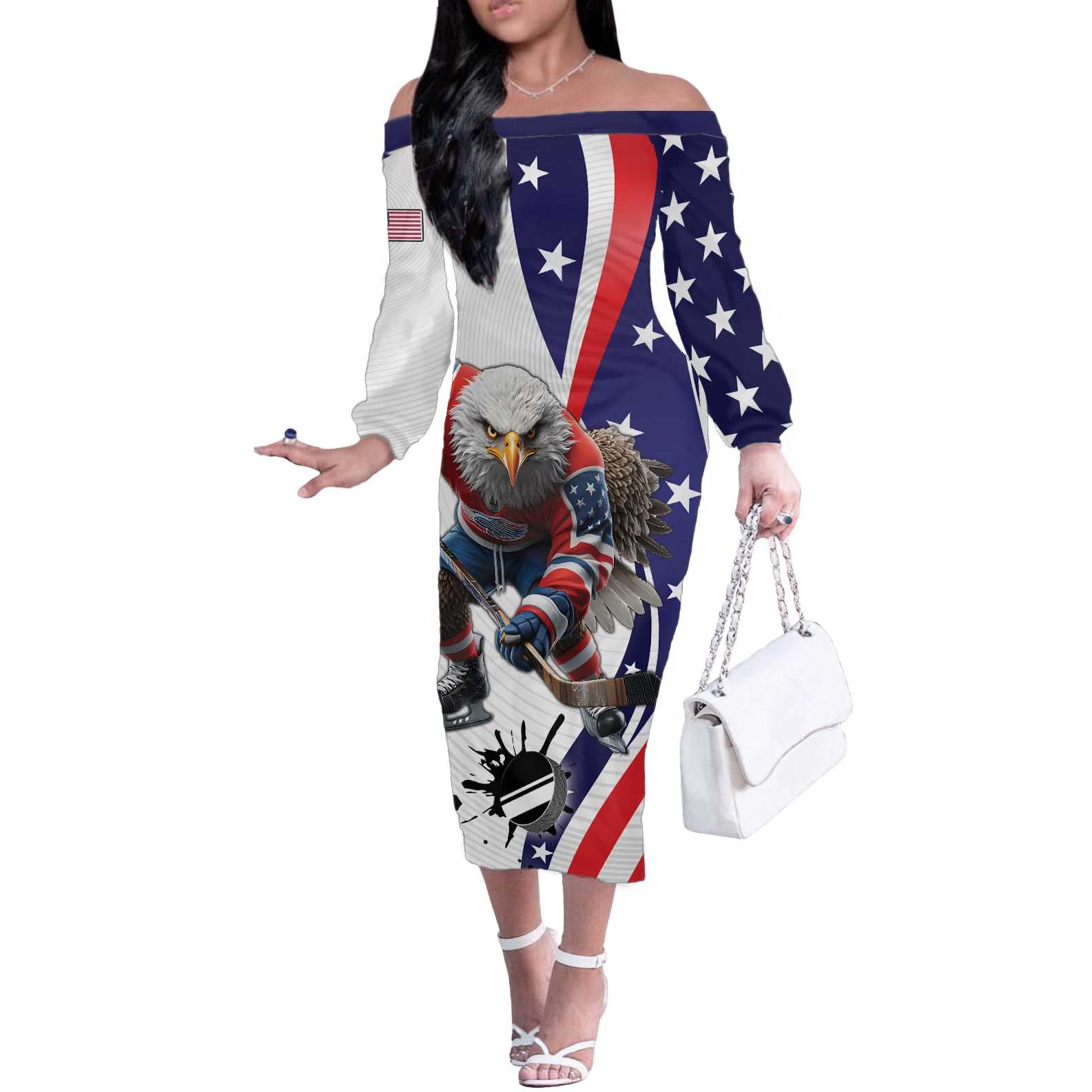 Custom United States Ice Hockey Go Champions Off The Shoulder Long Sleeve Dress Team USA Eagle Mascot Style