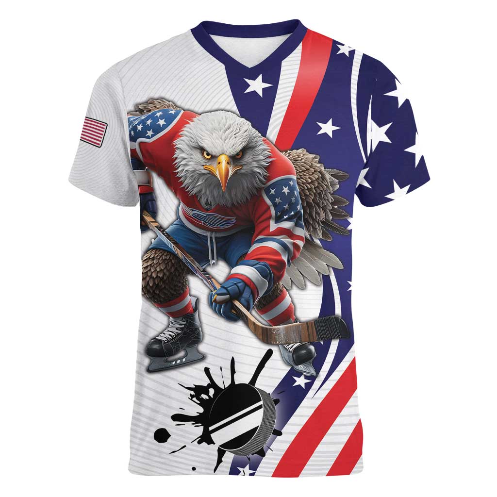 Custom United States Ice Hockey Go Champions Women V-Neck T-Shirt Team USA Eagle Mascot Style