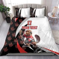 Canada hockey bedding set on bed with beaver mascot, 'YOUR TEXT' and #17 graphic