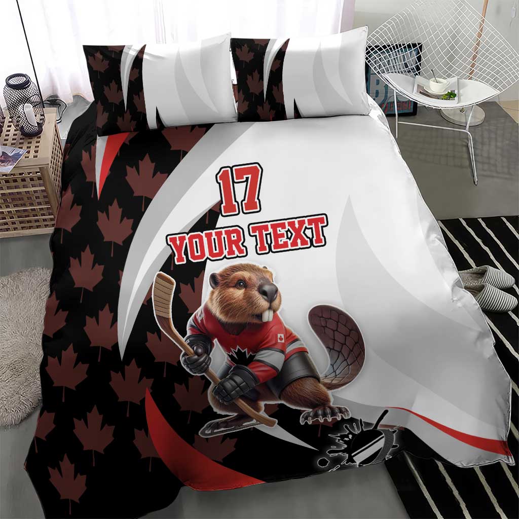Canada hockey bedding set close view: beaver mascot, 'YOUR TEXT' and #17 design