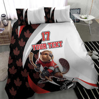 Canada hockey bedding set close view: beaver mascot, 'YOUR TEXT' and #17 design