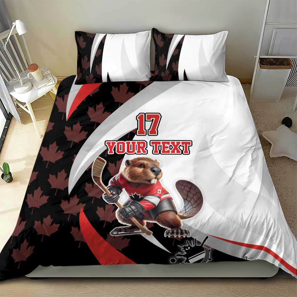 Canada hockey bedding set with beaver mascot, 'YOUR TEXT' and #17 on duvet