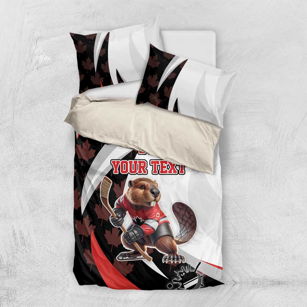Canada hockey bedding set with beaver mascot, 'YOUR TEXT' and #17 graphic on white base