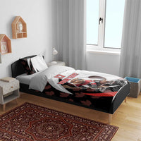 Canada hockey bedding set on bed: beaver mascot and 'YOUR TEXT' with #17 on duvet