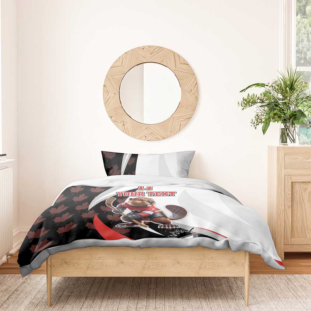 Canada hockey bedding set with beaver mascot, 'YOUR TEXT' and #17 graphic on duvet
