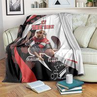 Hockey-themed blanket with Canada beaver mascot, red/black/white, number 17 and custom text