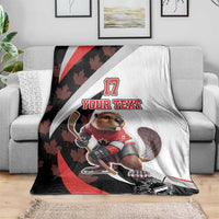 Canada hockey beaver mascot blanket in red, black, and white with number 17 and “YOUR TEXT”