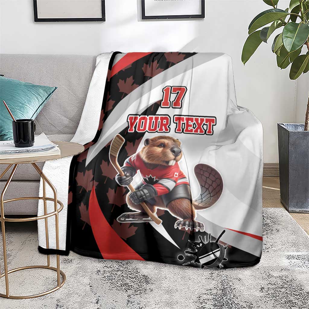 Hockey-themed Canada beaver mascot blanket, red black and white design with number 17