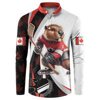 Button sweatshirt with beaver hockey mascot, Canadian flag sleeves, red collar
