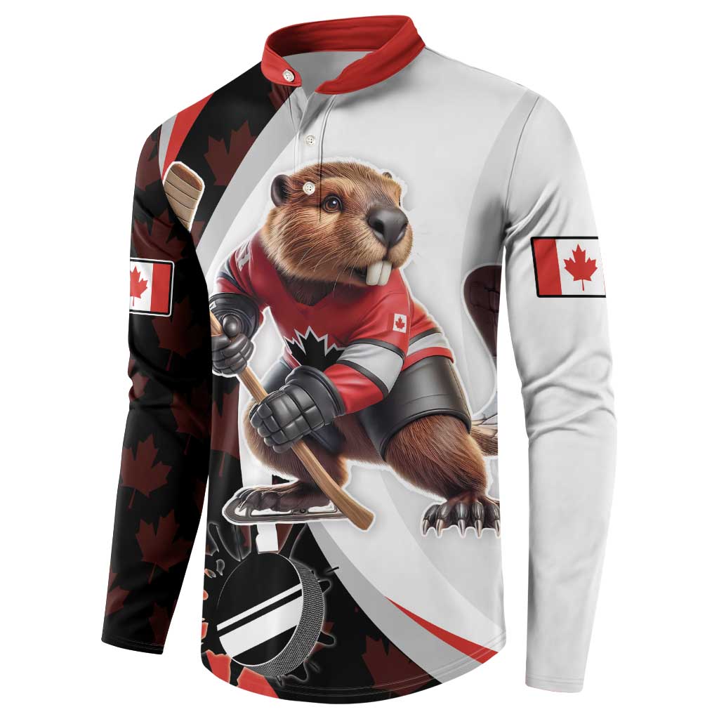 Button sweatshirt featuring beaver holding hockey stick, Canadian flag patches, red trim
