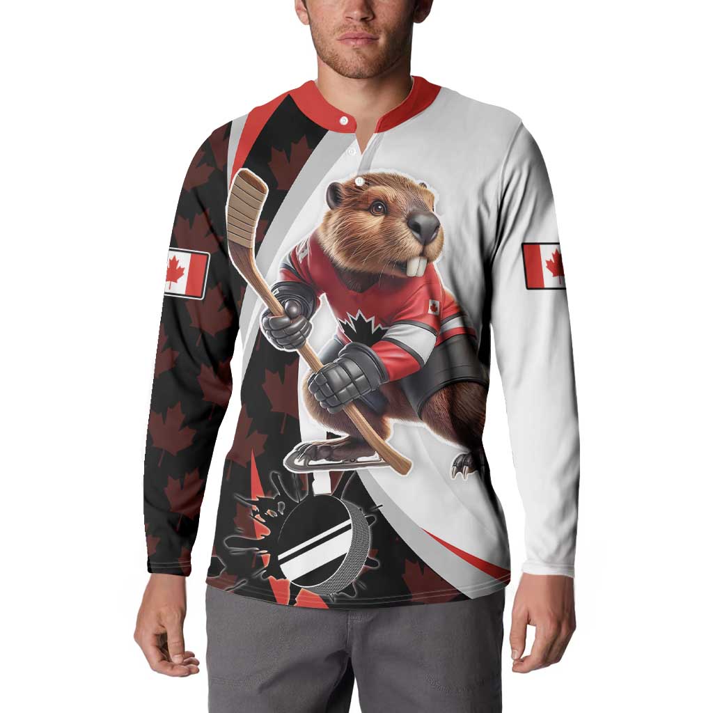 Hockey button sweatshirt worn by model, beaver mascot print and Canadian flag sleeves