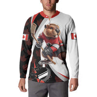 Hockey button sweatshirt worn by model, beaver mascot print and Canadian flag sleeves