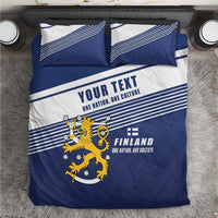 Blue and white Finland bedding set with lion crest and striped header, two pillowcases