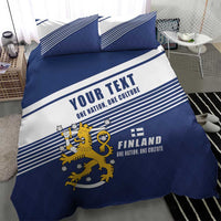 Blue and white duvet cover with Finland lion crest and striped bands, two pillowcases