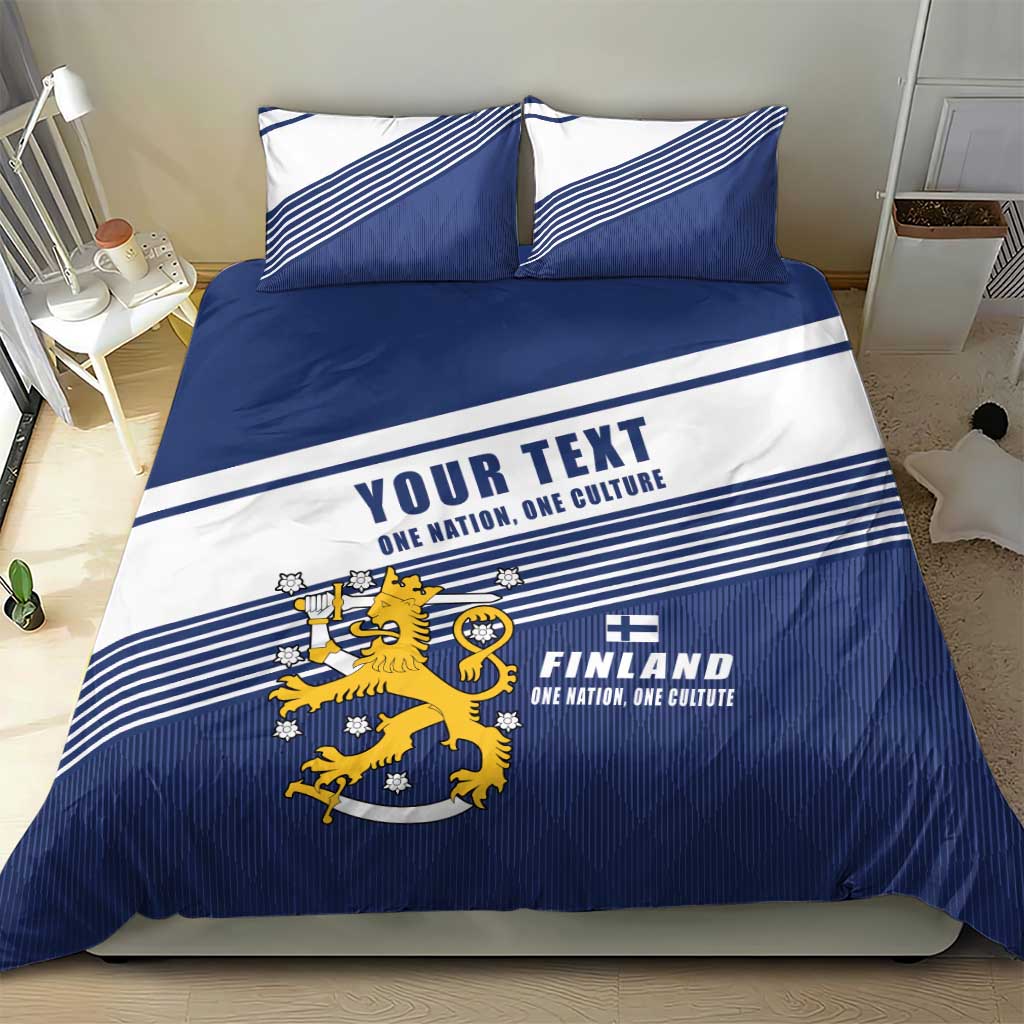 Blue and white Finland bedding set with lion crest, "YOUR TEXT" header, two pillowcases