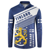 Men's blue button sweatshirt with Finland lion crest and striped flag panel