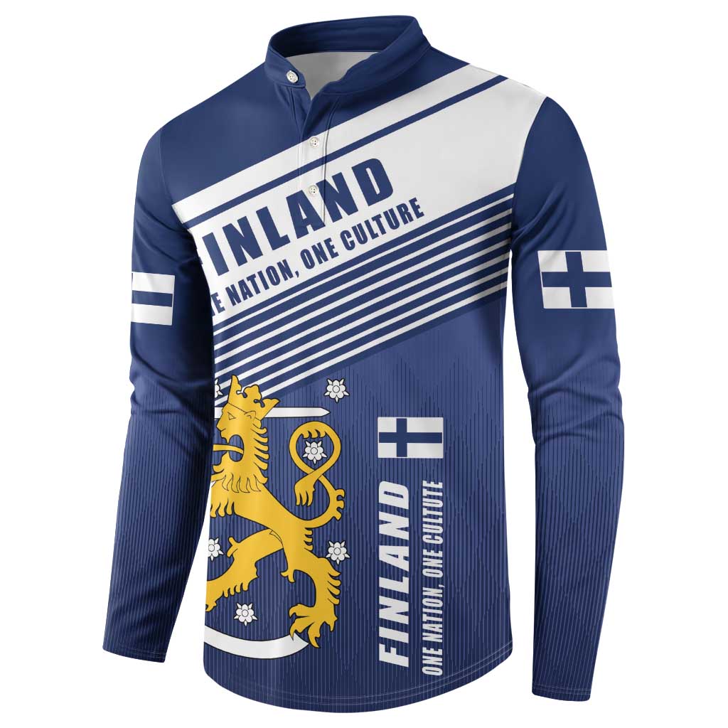 Men's blue button sweatshirt with Finland crest, white diagonal stripe, side cross