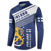 Men's blue button sweatshirt with Finland crest, white diagonal stripe, side cross