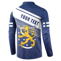 Men's blue button sweatshirt back with YOUR TEXT and Finland lion crest graphic